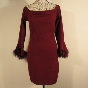Elegant Burgundy Long Sleeve Dress with Feather Cuffs